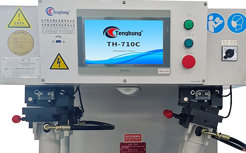 Digital control and monitoring screen on a sole attaching press in a shoe factory
